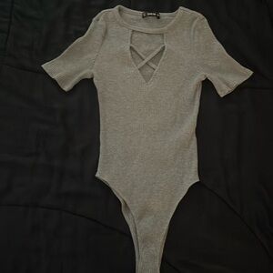 SHEIN Gray Crisscross V-Neck Bodysuit (Size Small) - $9